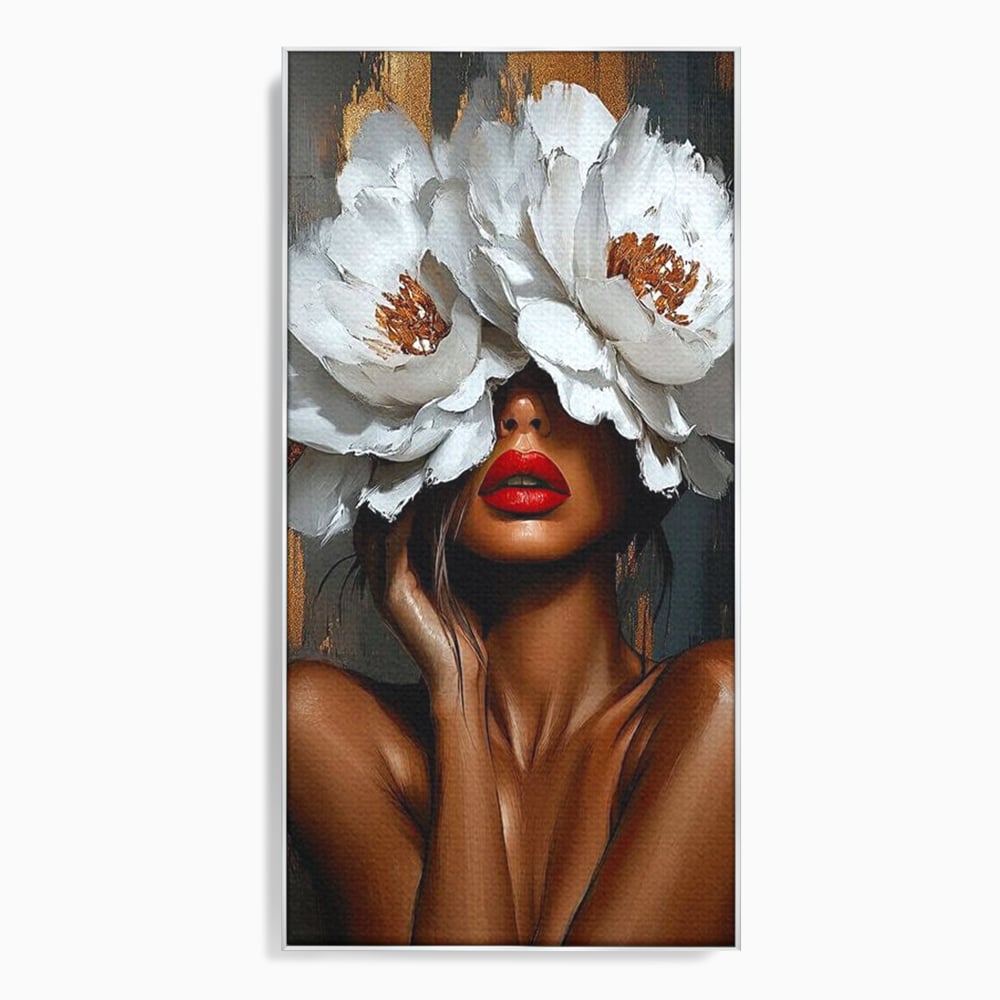 Tablou canvas cu tablou canvas cu portret de femeie, in rama de aluminiu argintiu
